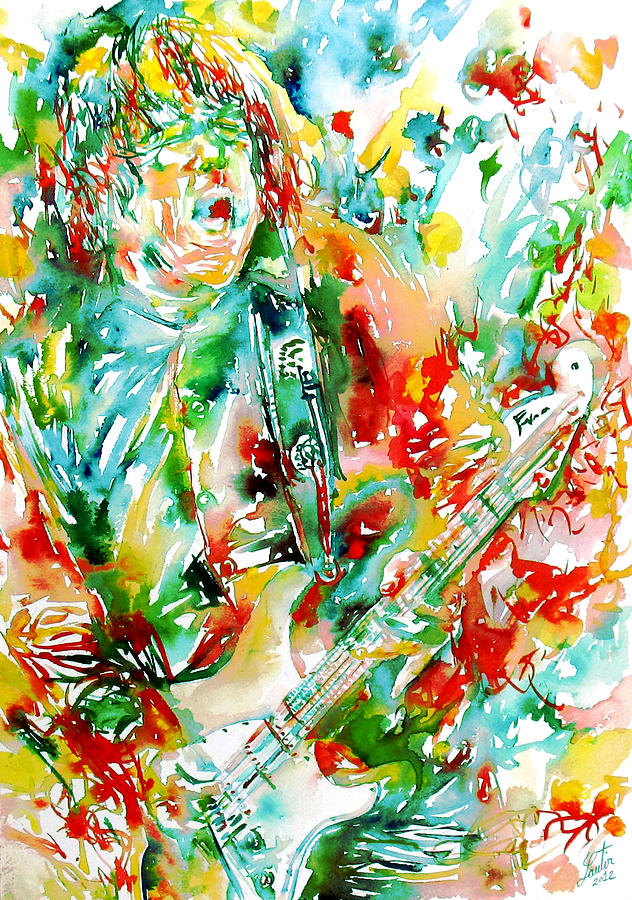 GARY MOORE PLAYING the GUITAR watercolor portrait Painting by Fabrizio Cassetta