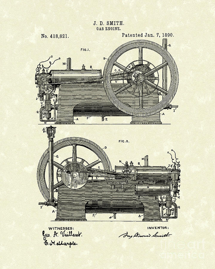 Gas Engine 1890 Patent Art Drawing by Prior Art Design