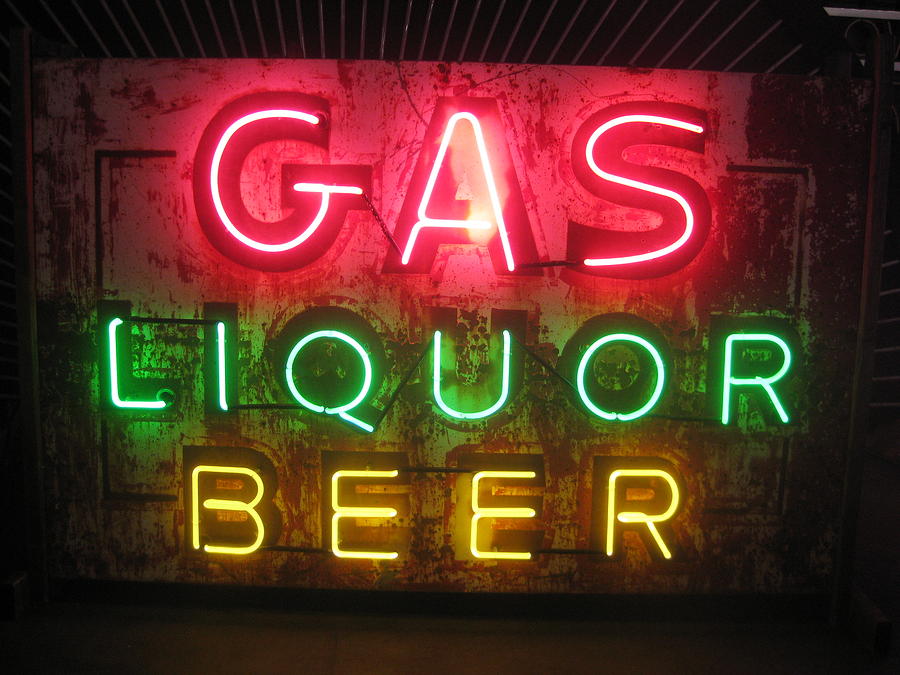 GAS LIQUOR BEER Neon Sign Glass Art by Vintage 1940's - Pixels