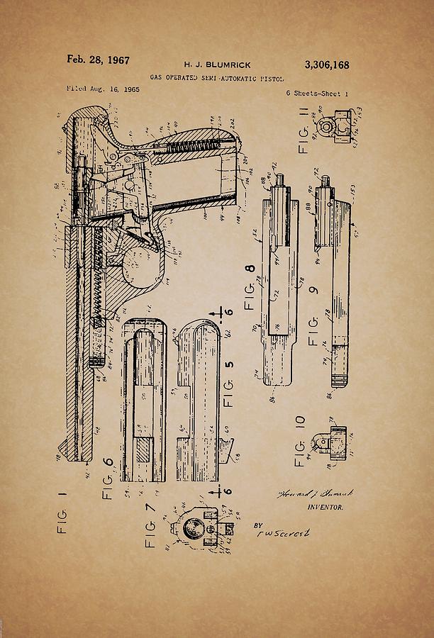 Vintage Drawing - Gas Operated Semi-Automatic Pistol by Mountain Dreams