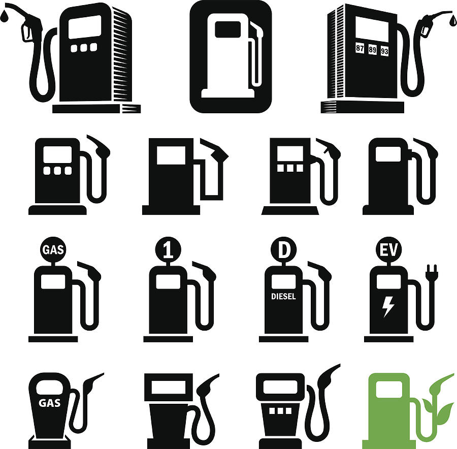 Gas station fuel pump black and white vector icon set Drawing by Bubaone