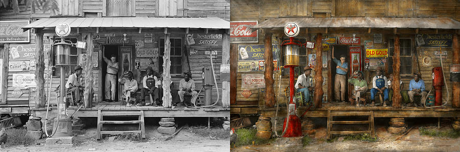 Gas Station - Sunday afternoon - 1939 - Side by side Photograph by Mike Savad