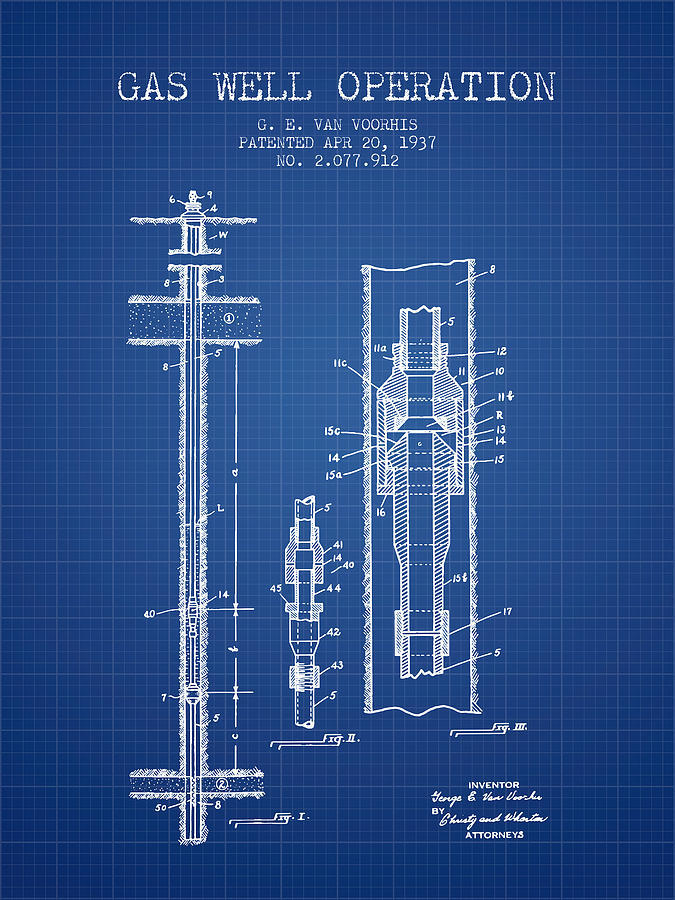 Gas Well Operation Patent From 1937 - Blueprint Digital Art by Aged