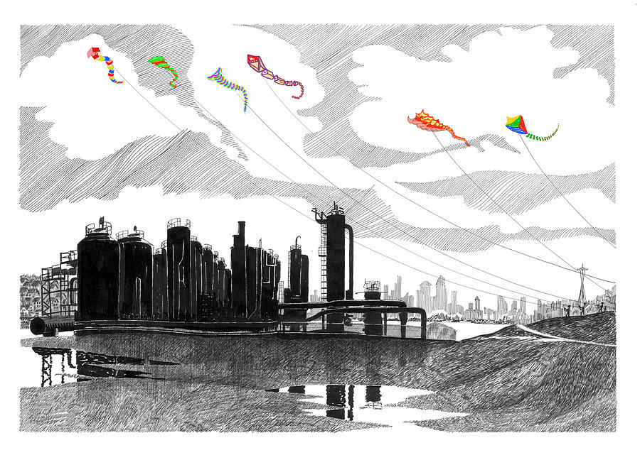  Flying Kites in Seattle Drawing by Jack Pumphrey