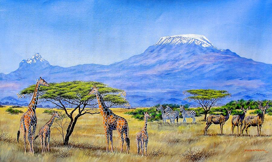 Gathering at Mount Kilimanjaro Painting by Joseph Thiongo