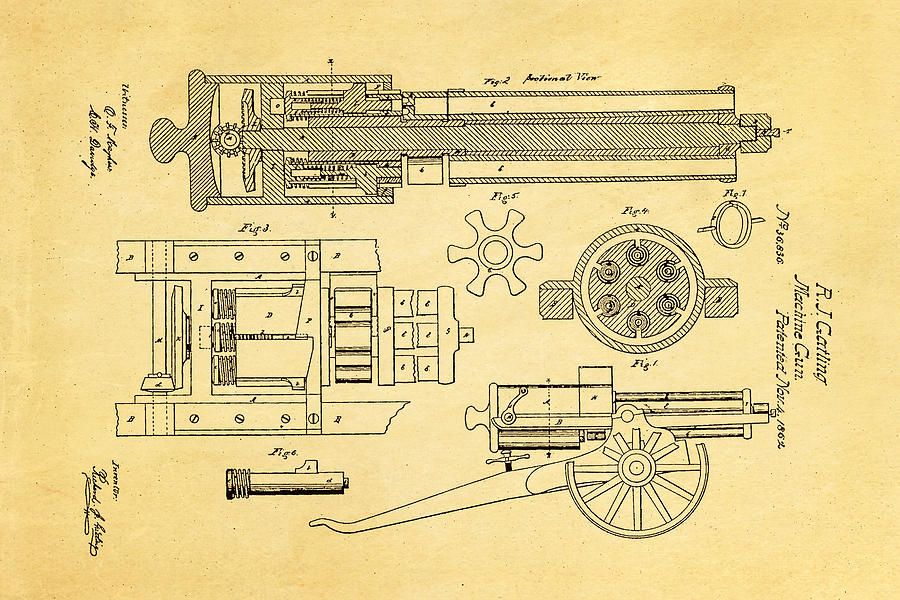 Vintage Photograph - Gatling Machine Gun Patent Art 1862 by Ian Monk