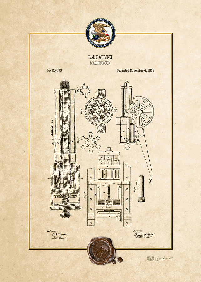 Gatling Machine Gun - Vintage Patent Document Digital Art by Serge Averbukh