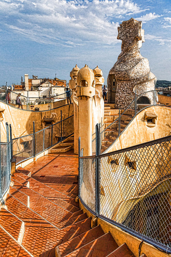Gaudi Fascinating La Pedrera Rooftop - Impressions Of Barcelona Digital Art by Georgia Mizuleva