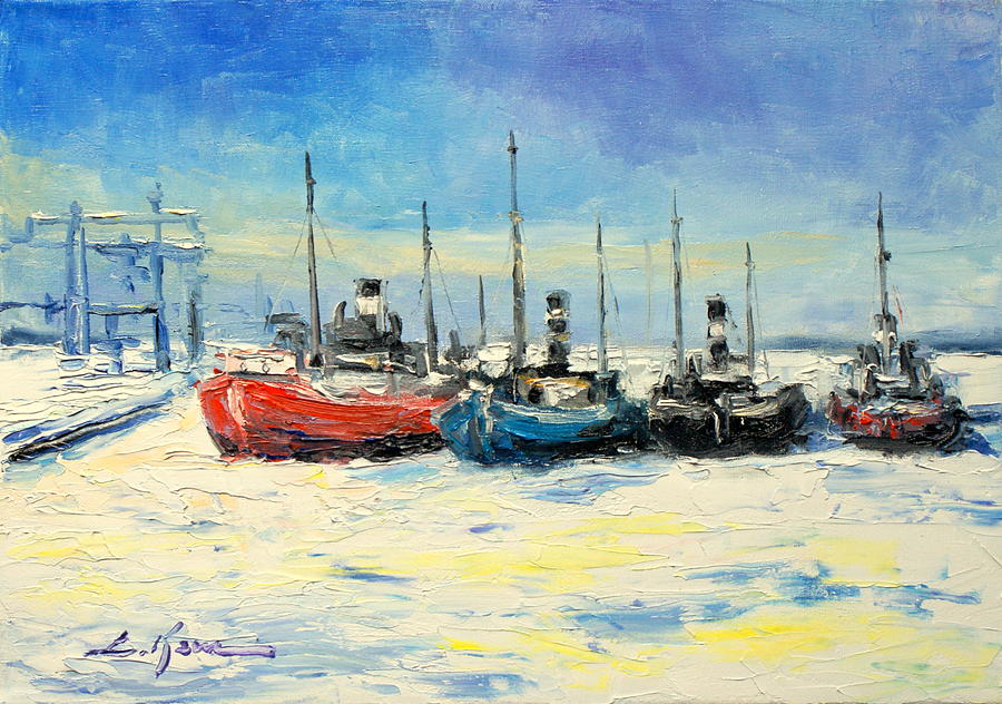Gdynia harbour - winter Painting by Luke Karcz