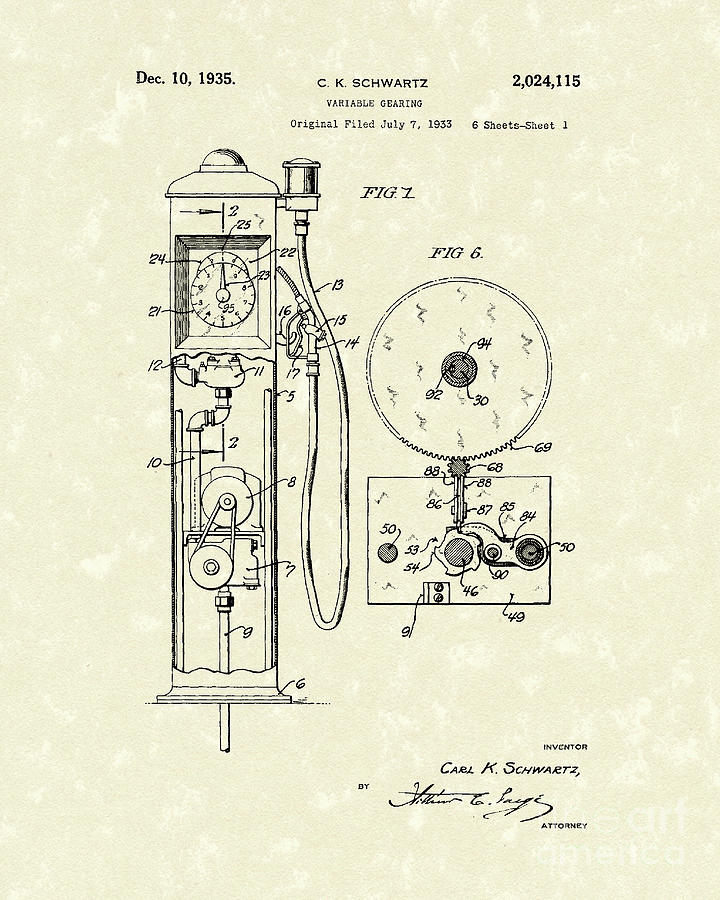 Gears 1935 Patent Art Drawing by Prior Art Design