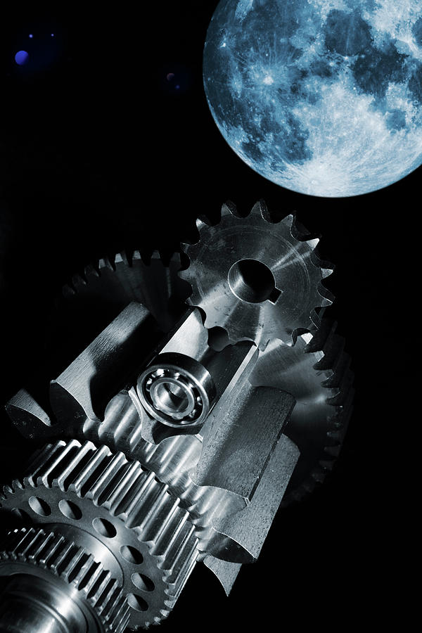 Gears And Cogs With Moon Photograph by Christian Lagerek/science Photo Library
