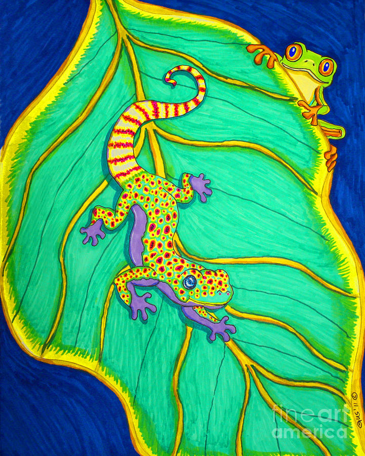 Amphibians Drawing - Gecko and Frog by Nick Gustafson