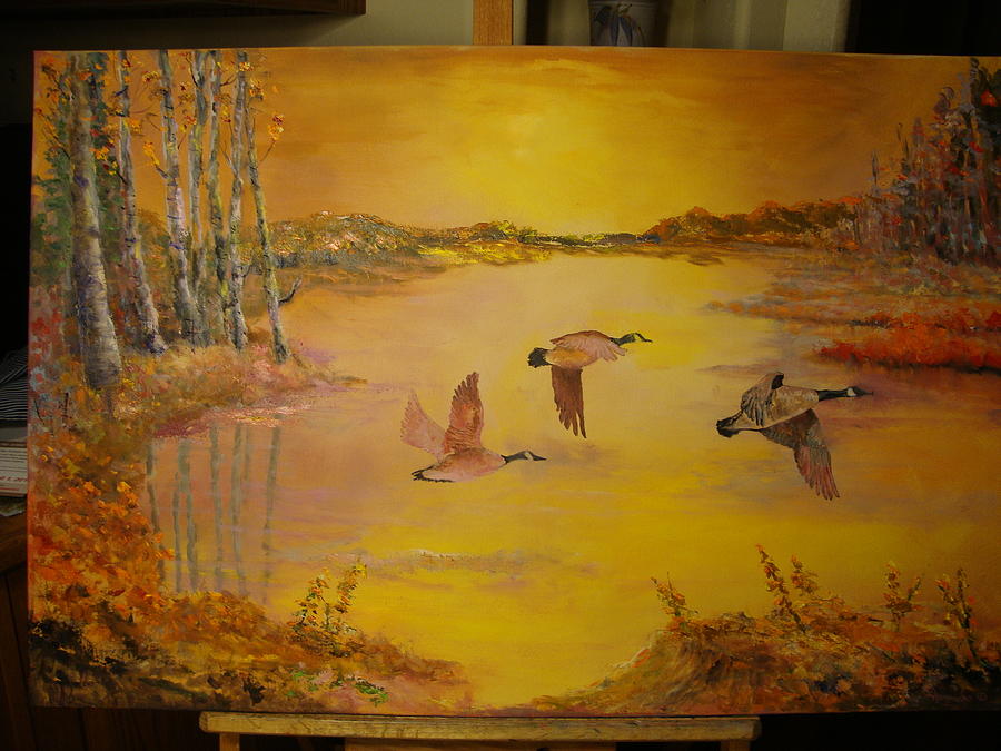 Fall Painting - Geese Landing by Ann Arensmeyer
