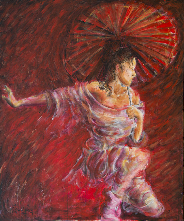 Geisha Dance With Umbrella Painting by Nik Helbig
