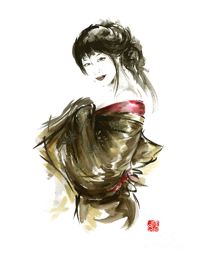 Flower Painting - Geisha in Gold Kimono Painting, Geisha In Kimono Home Decor, Japanese Geisha Poster, Japanese Geisha by Mariusz Szmerdt