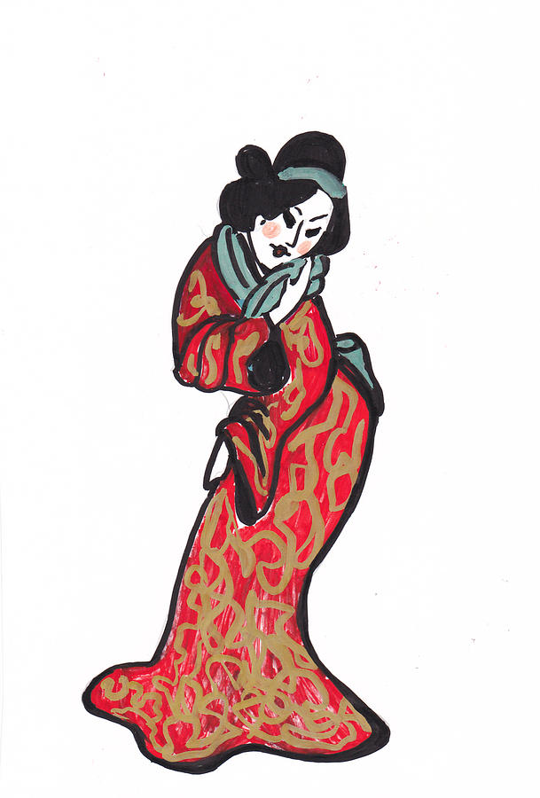 Geisha in Red and Gold Kimono Drawing by Charme Curtin