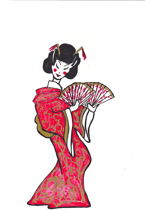 Geisha in Red with Fans Drawing by Charme Curtin