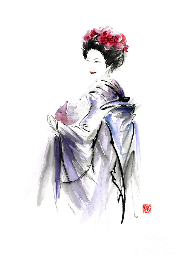 Flower Painting - Geisha Japanese woman in Tokyo fresh flowers kimono original Japan painting art by Mariusz Szmerdt