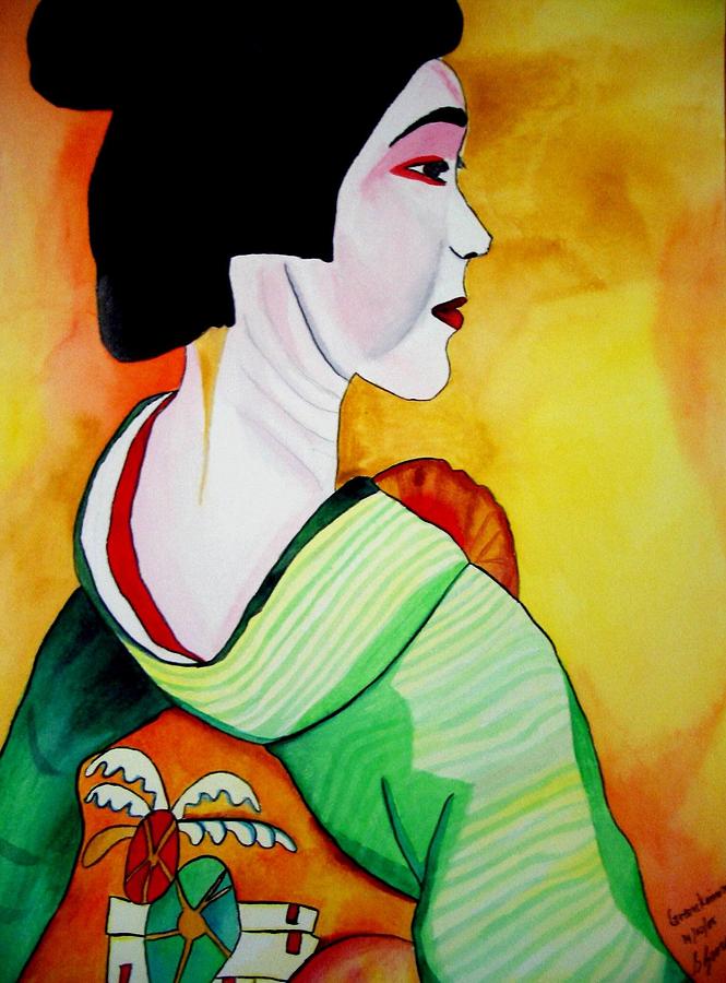 Geisha Painting - Geisha with green kimono by Sacha Grossel Geisha Painting - Geisha with green kimono by Sacha Grossel