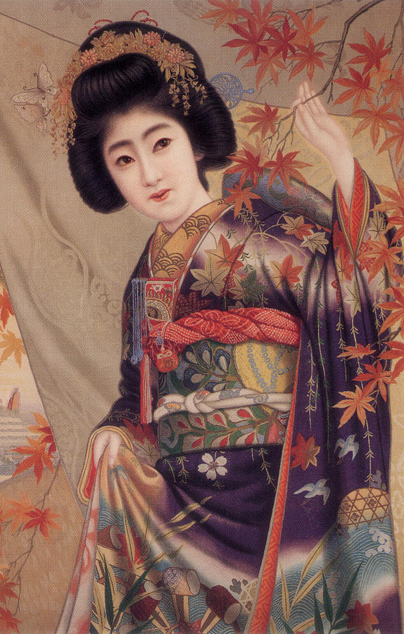 Geisha with Maple leaves Digital Art by Denise Beverly