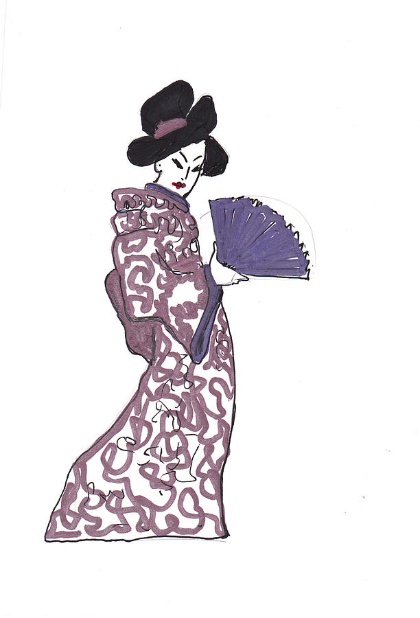 Geisha with Purple Fan Drawing by Charme Curtin