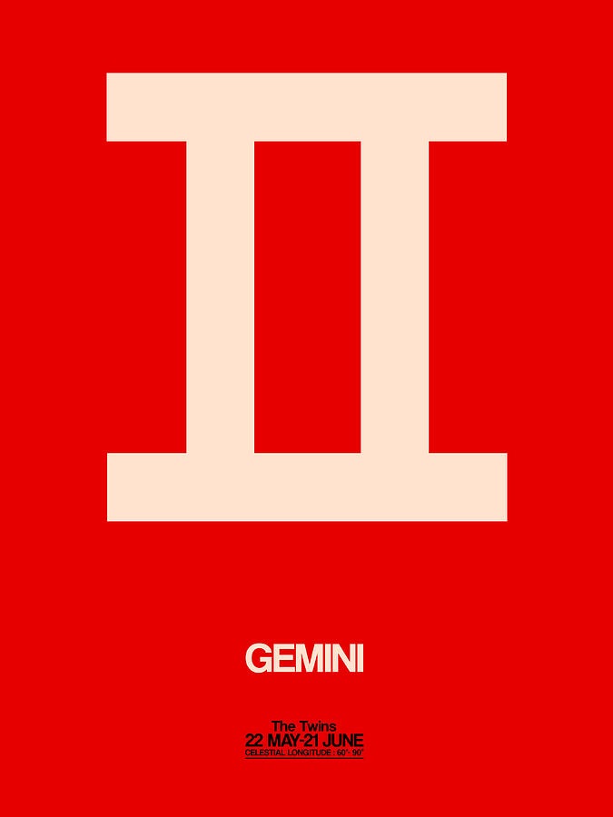 Gemini Digital Art - Gemini Zodiac Sign White on Red by Naxart Studio