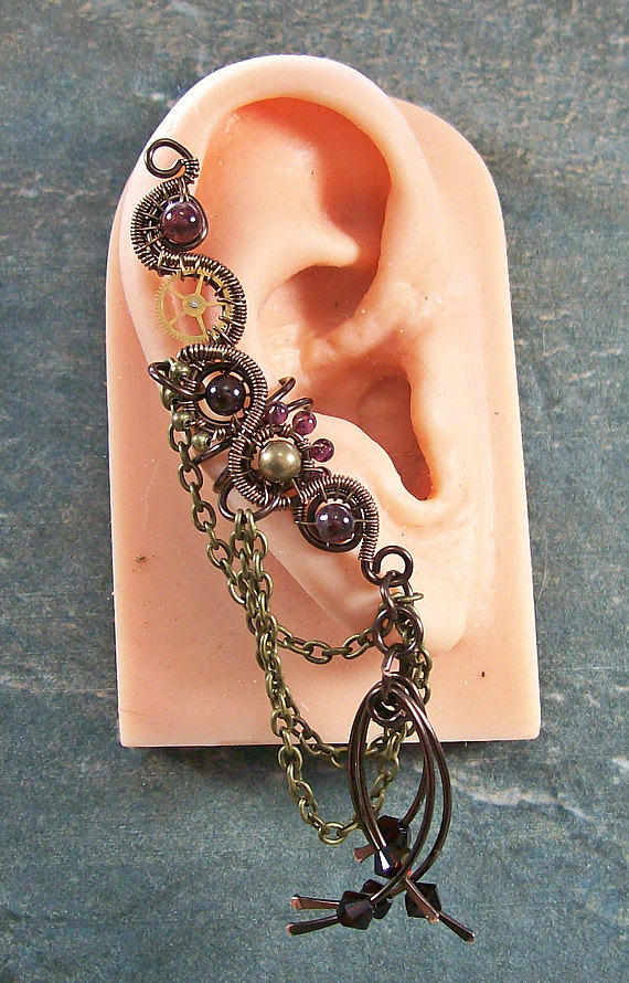 Bronze Jewelry - Gemstone and Swarovski Crystal Large Bronze Steampunk Ear Cuff by Heather Jordan