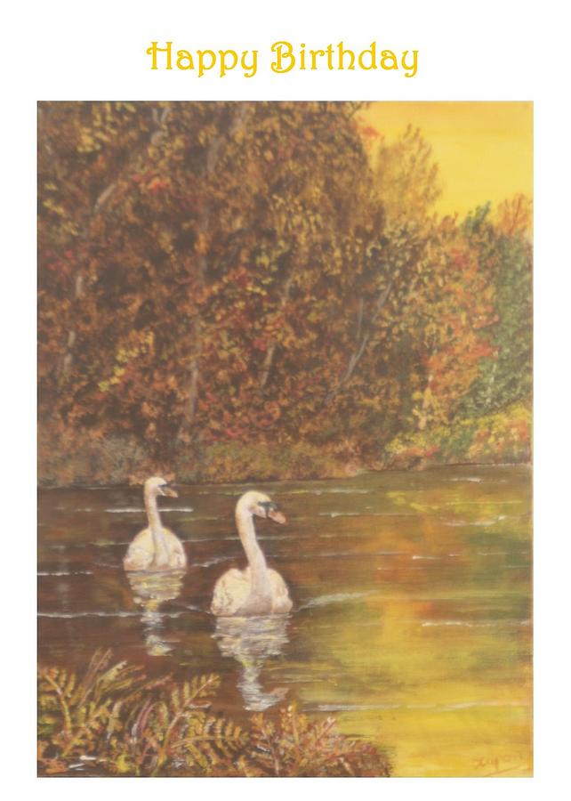 General birthday card of swans on a lake Painting by David Capon