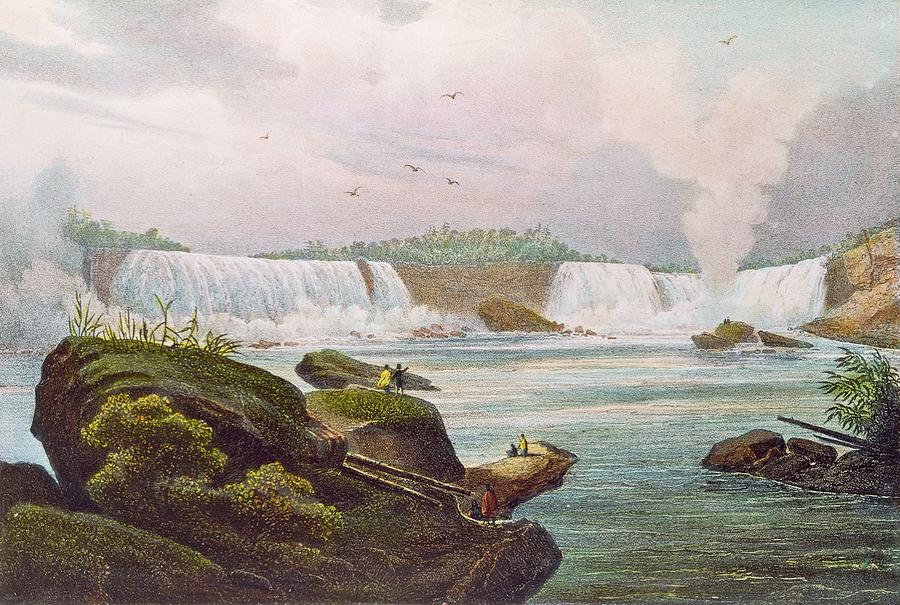Waterfall Photograph - General View Of Niagara Falls From The Canadian Side Coloured Engraving by Jacques Milbert