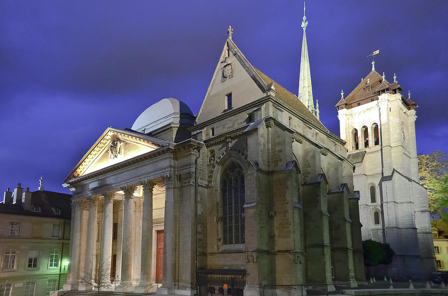Geneva Cathedral Illuminated At Dusk Photograph by Sir Francis Canker Photography