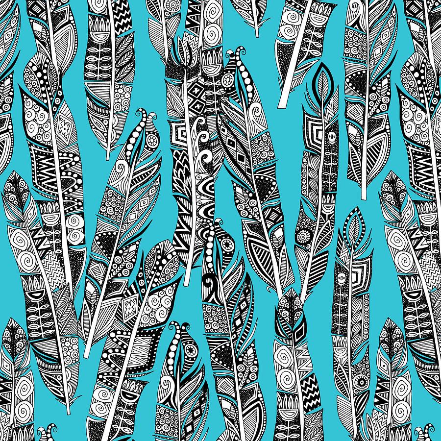 Feather Drawing - Geo Feathers Turquoise Blue by MGL Meiklejohn Graphics Licensing