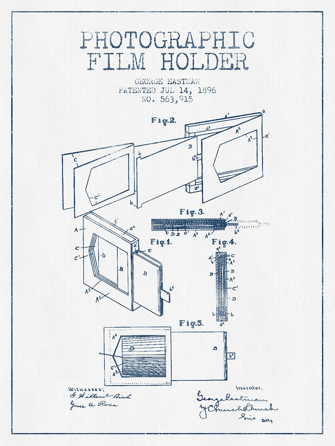 Vintage Digital Art - George Eastman Film Holder Patent from 1896 - Blue Ink by Aged Pixel