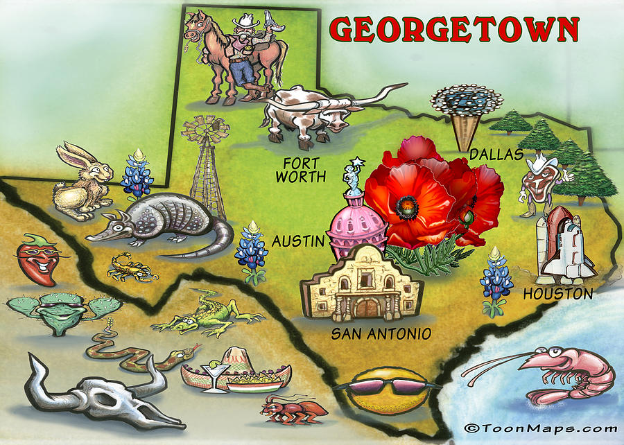Georgetown Texas Cartoon Map Painting by Kevin Middleton