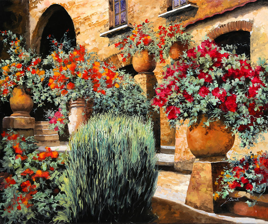 Flower Painting - Gerani Sulle Scale by Guido Borelli