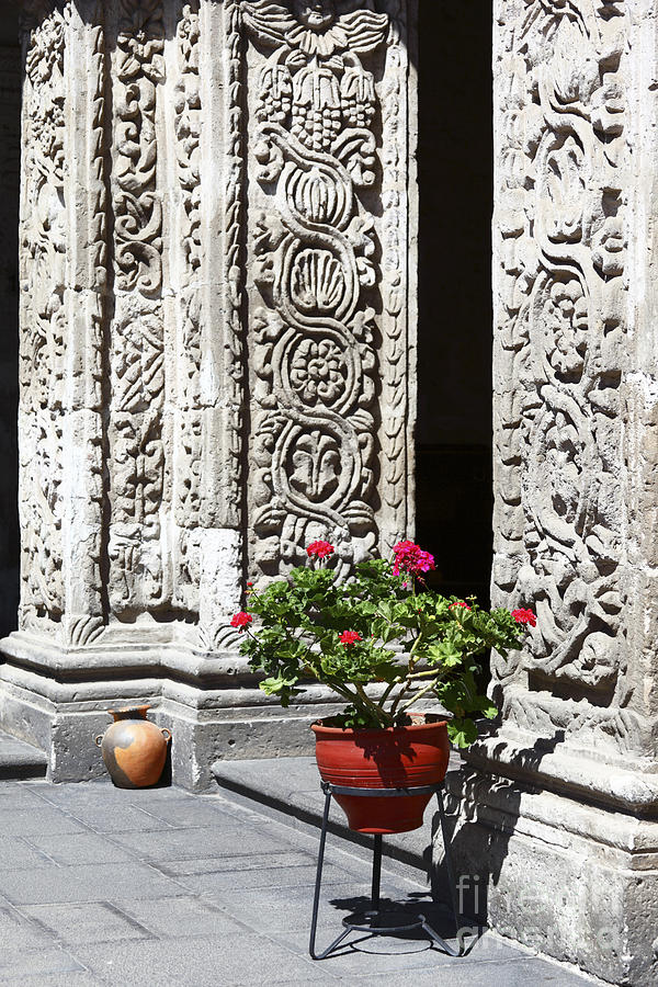 Geraniums and Stone Carvings Photograph by James Brunker