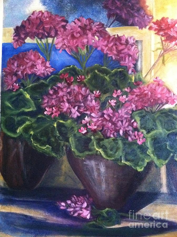 Geraniums Blooming Painting by Sherry Harradence