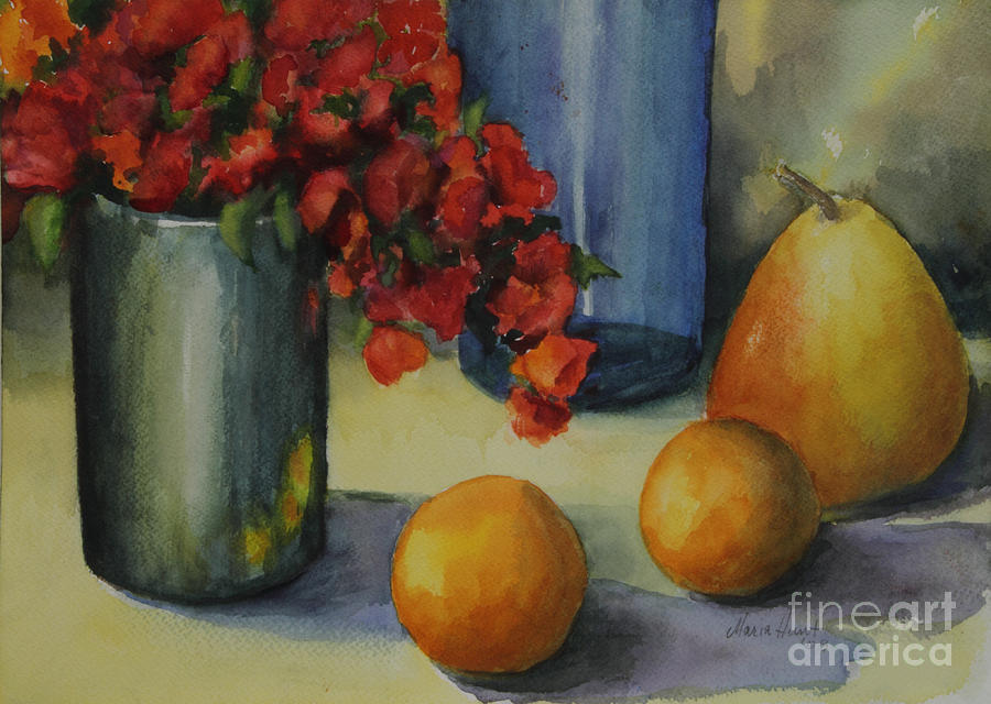 Geraniums with Pear and Oranges Photograph by Maria Hunt