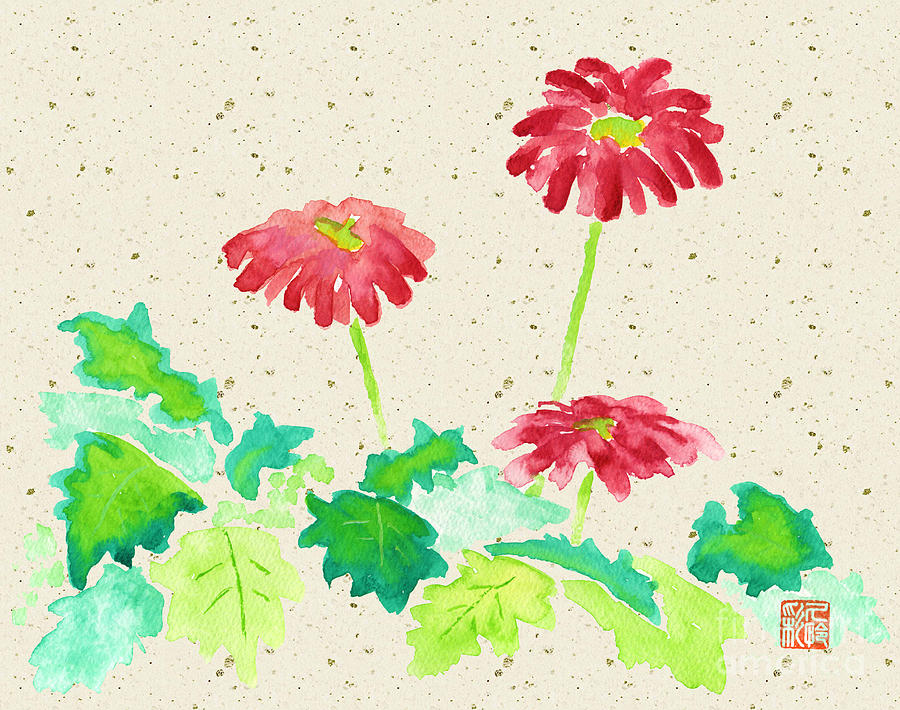 Gerbera in Red with Beige Washi Background Painting by Beverly Claire Kaiya
