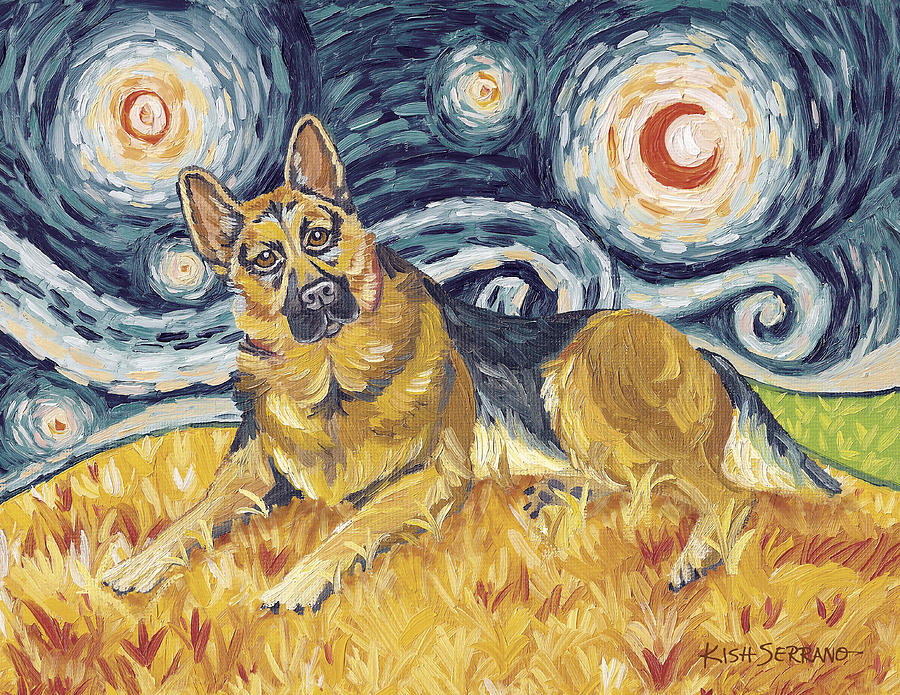 Vincent Van Gogh Painting - German Shepherd on a Starry Night by Gretchen Kish Serrano