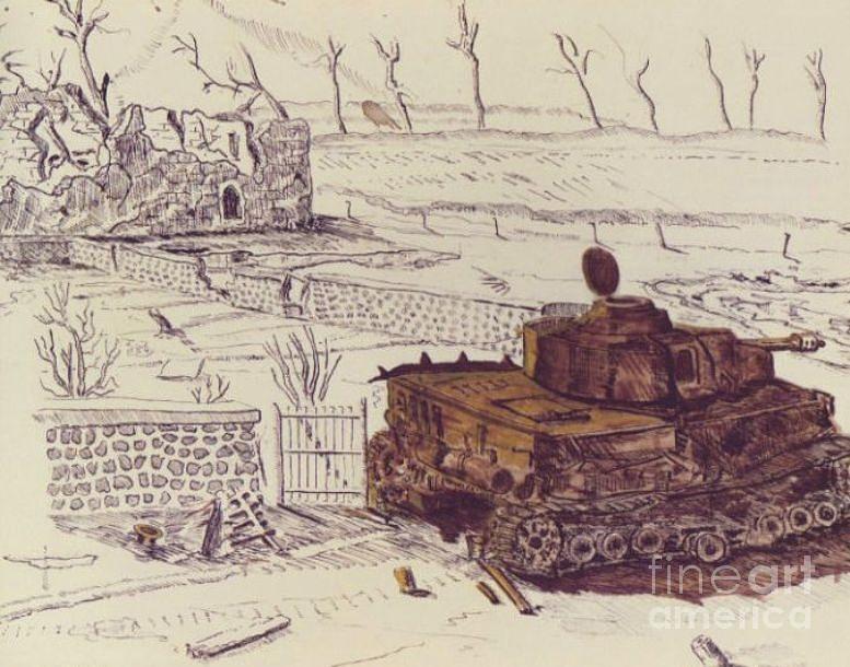 German tank at Le Mesnil Drawing by David Neace