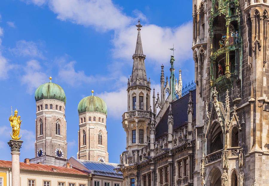 Germany, Munich, view of Marian column, spires of Cathedral of Our Lady and new city hall Photograph by Westend61