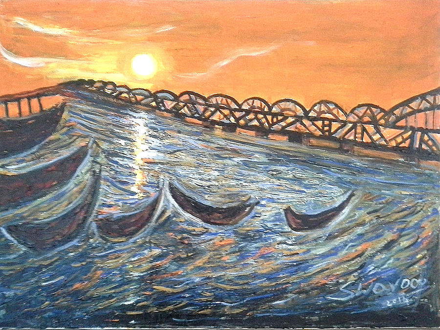 Godavari River And Bridge Painting by Anand Swaroop Manchiraju