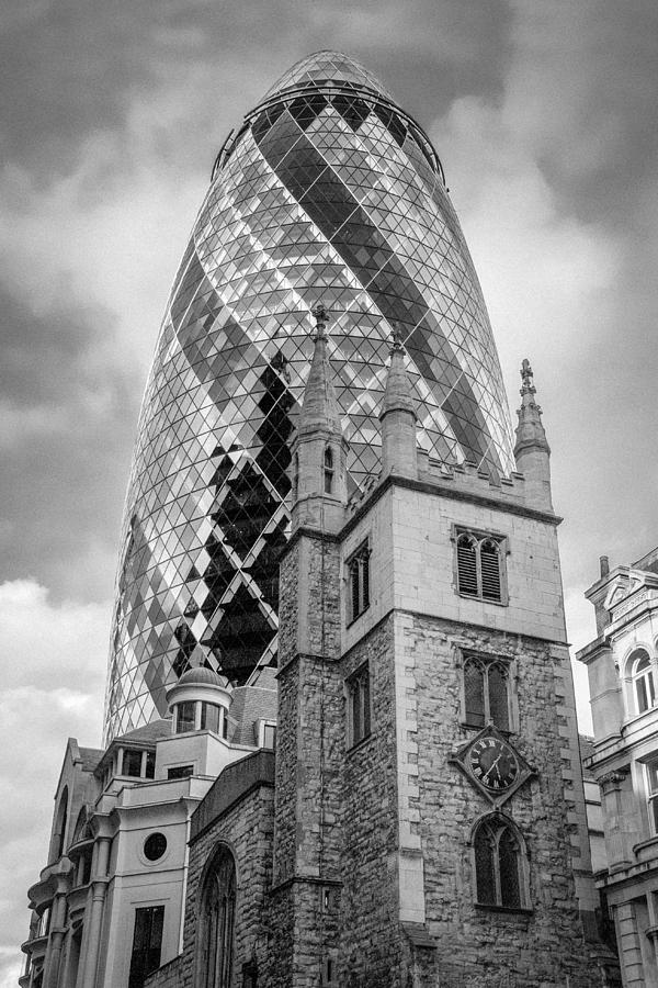 Gherkin and St Andrew Undershaft black and white version Photograph by Gary Eason