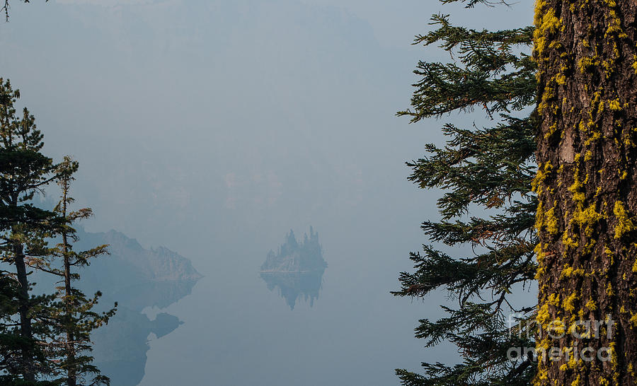 Crater Lake Np Photograph - Ghost Ship Island in smoke 2.1030 by Stephen Parker
