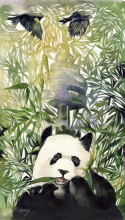  Panda with  Toronto CN Tower Painting by Alfred Ng