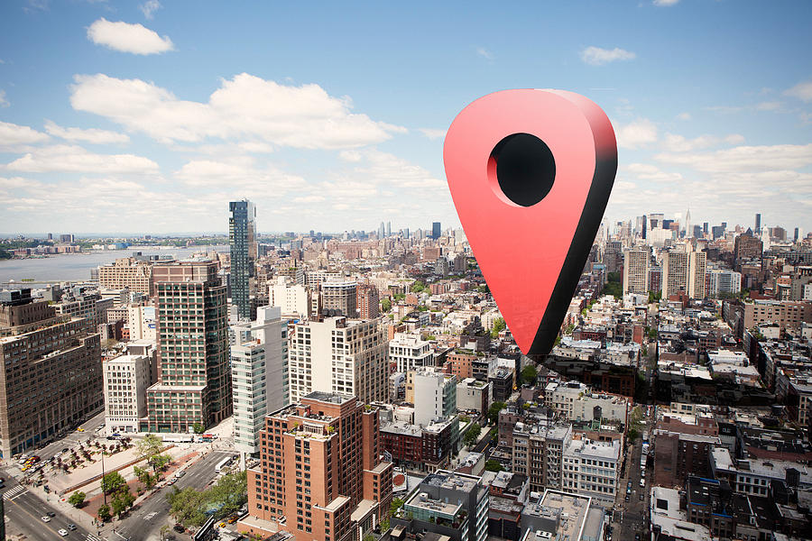 Giant virtual map pin on city landscape Photograph by William Andrew