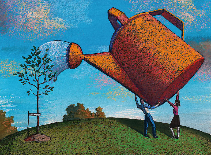Giant Watering Can & Tree Drawing by Jonathan Evans