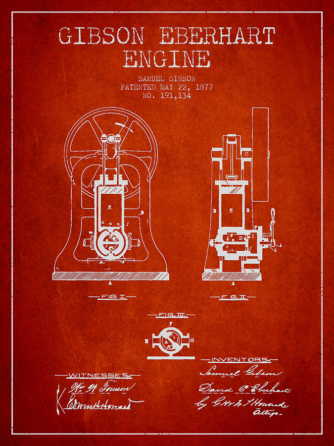 Gibson Eberhart Engine Patent Drawing From 1877- Red Digital Art