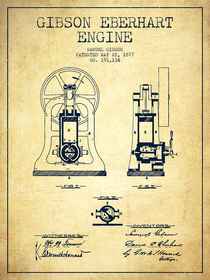 Vintage Digital Art - Gibson Eberhart Engine Patent Drawing From 1877- Vintage by Aged Pixel