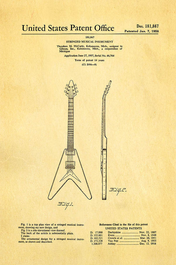 Music Photograph - Gibson Flying V Guitar Patent Art 1958 by Ian Monk